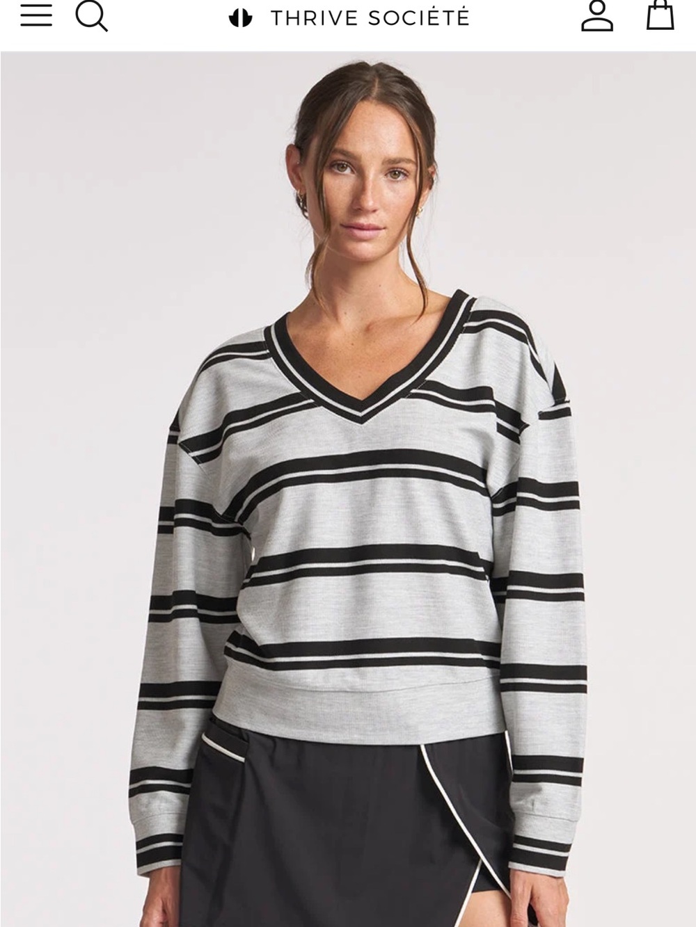 Thrive Société Striped V-Neck Sweater in Light Gray and Black